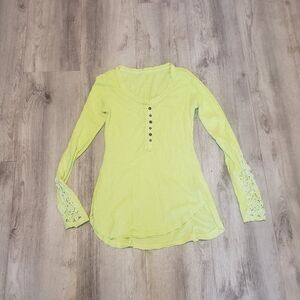 Free People Neon Lime Lace-Sleeve Henley Long Sleeve Top